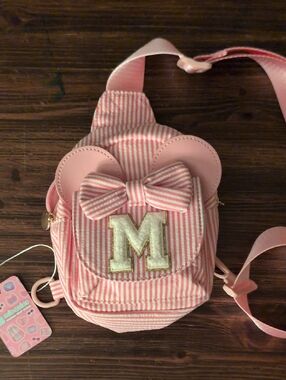 Pink Striped Kids Little Sling Bag with Bow and 'M' Patch